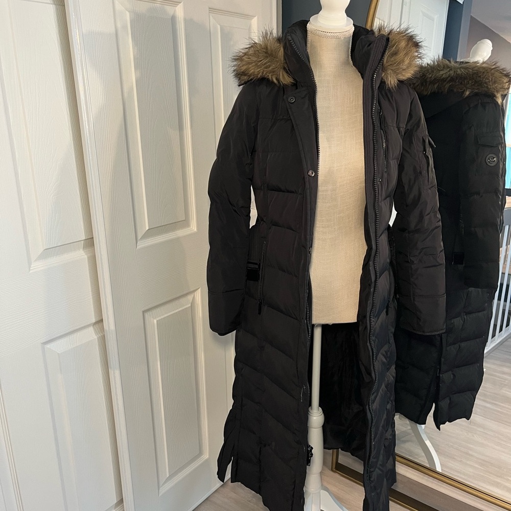 Michael Kors Black Long Puffer Coat with Fur Trim